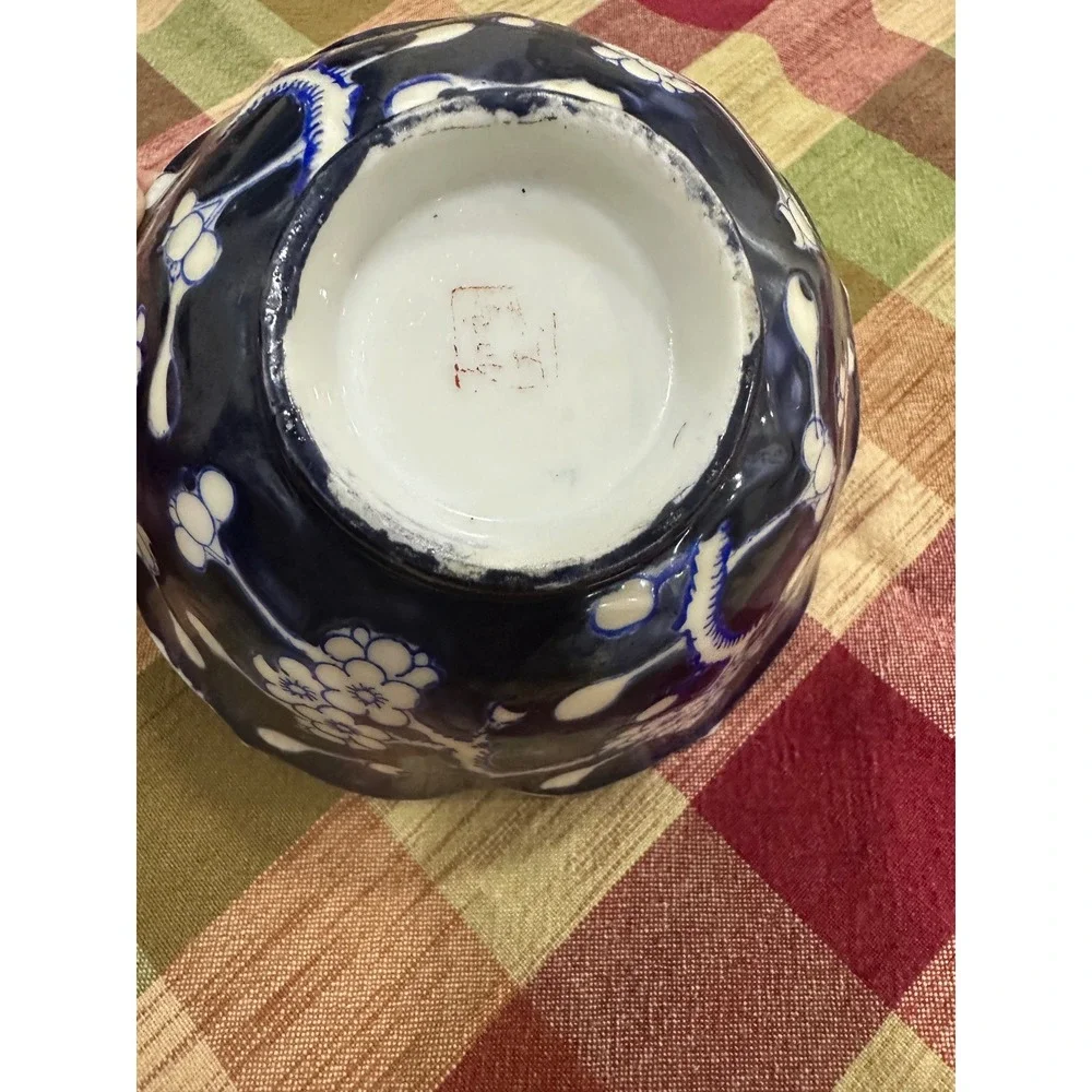 Vintage Japanese Cobalt Flow Blue Cherry Blossom Scalloped Porcelain Bowl